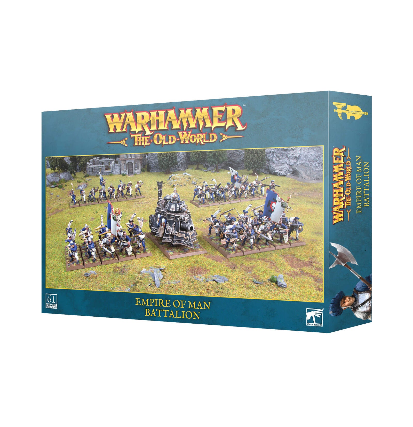 Boxed set for the game Warhammer: The Old World, featuring an Empire of Man army battalion. The box displays various miniature figures, a steam tank, and a flag.