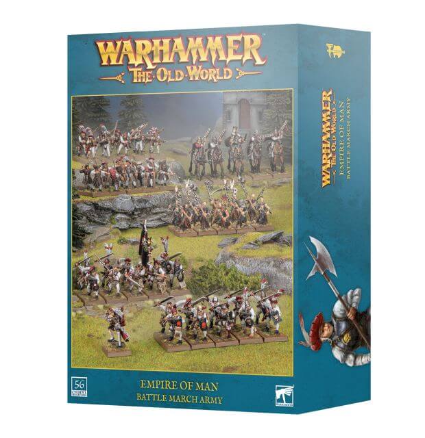 Warhammer: The Old World Empire of Man Battle March Army box set, featuring a teal-blue packaging design with a detailed illustration of miniature wargear and units, and the Warhammer logo at the top.