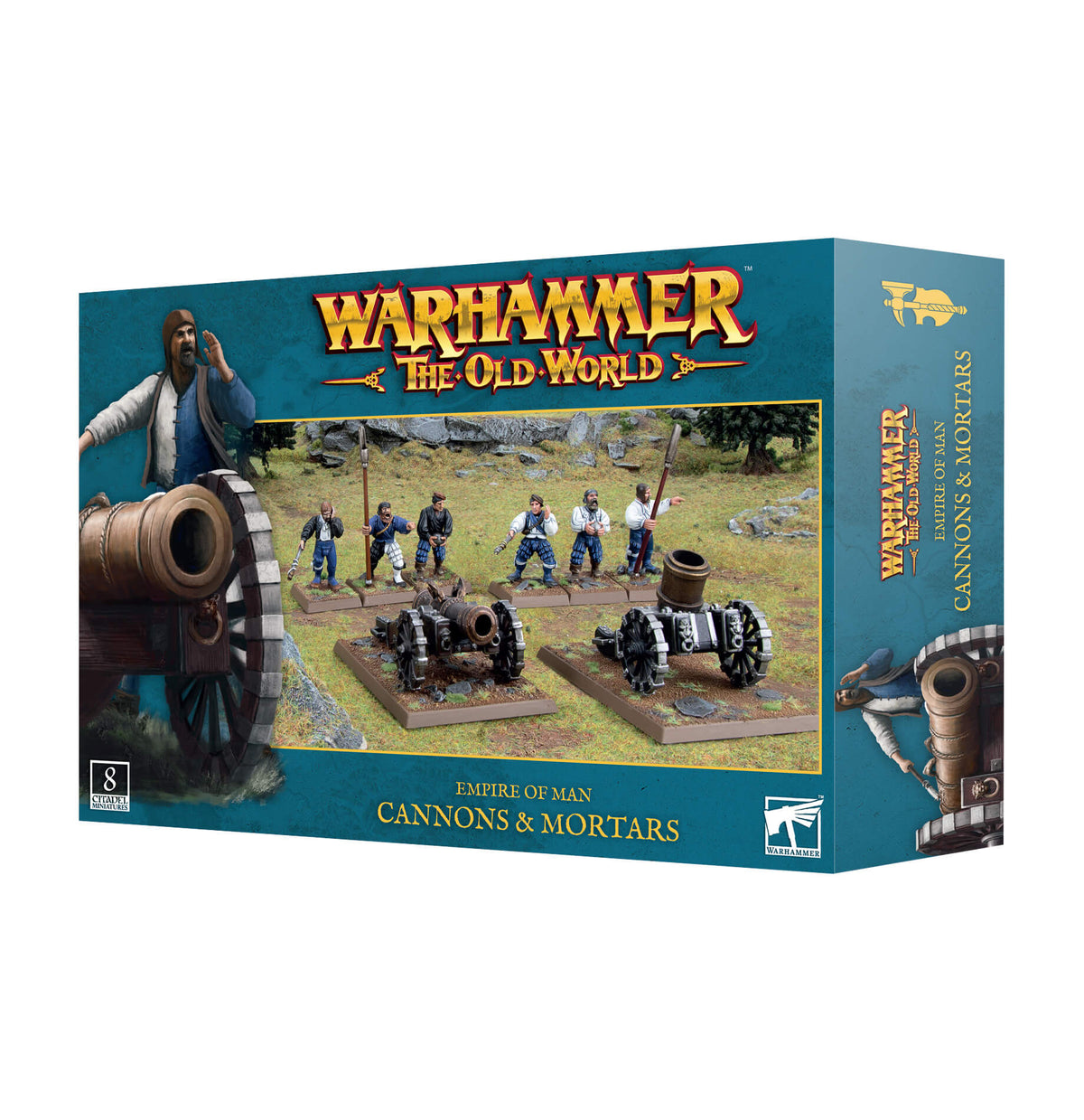 Boxed game 'Warhammer: The Old World - Cannons & Mortars' featuring miniature artillery pieces and crew figures.