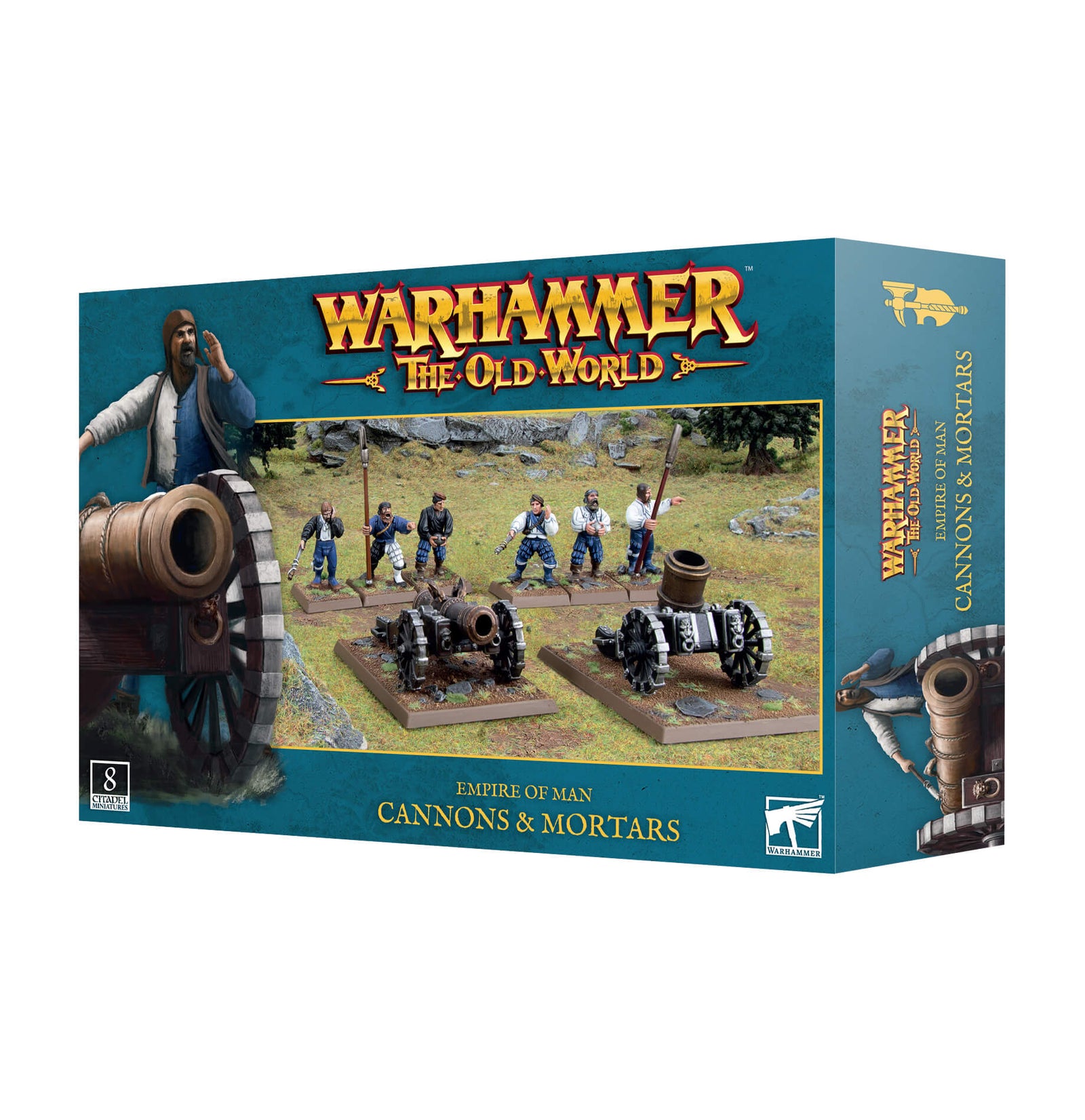 Boxed game 'Warhammer: The Old World - Cannons & Mortars' featuring miniature artillery pieces and crew figures.