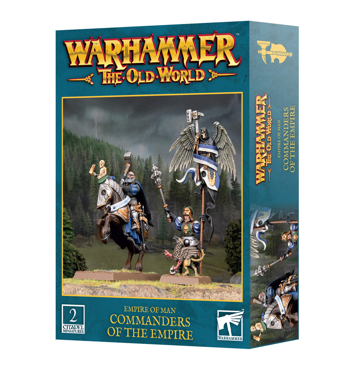 Packaging for Warhammer The Old World Commanders of the Empire. Assembled and painted models are depicted. 
