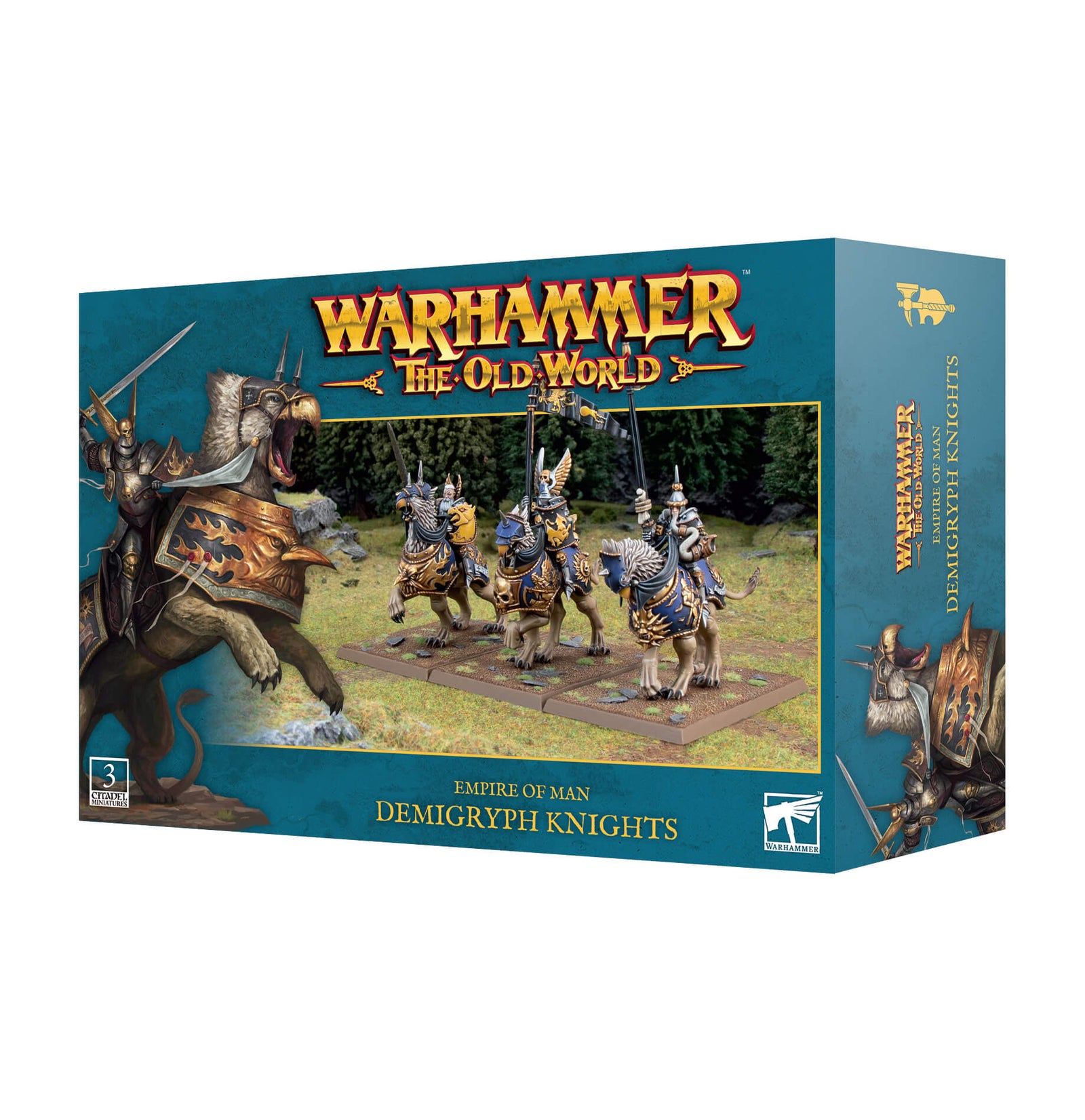 Boxed game kit for Warhammer The Old World featuring Demigryph Knights. The box displays images of the miniatures and the name of the product.