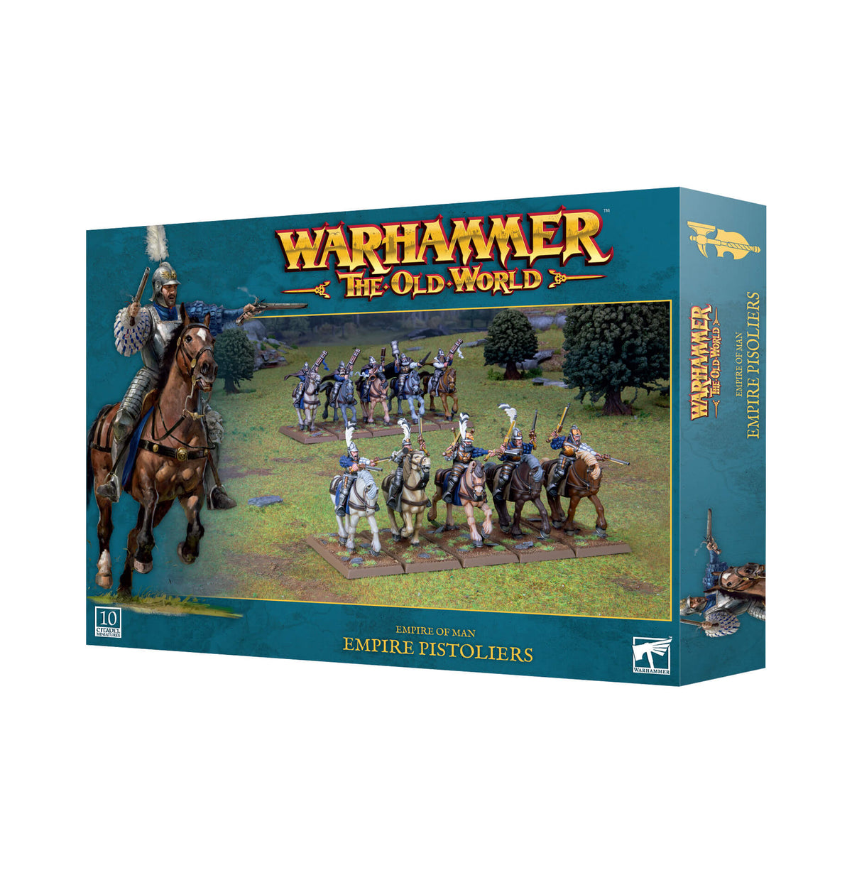 Boxed set of 'Warhammer: The Old World' miniature game, featuring miniatures of Empire Pistoliers.