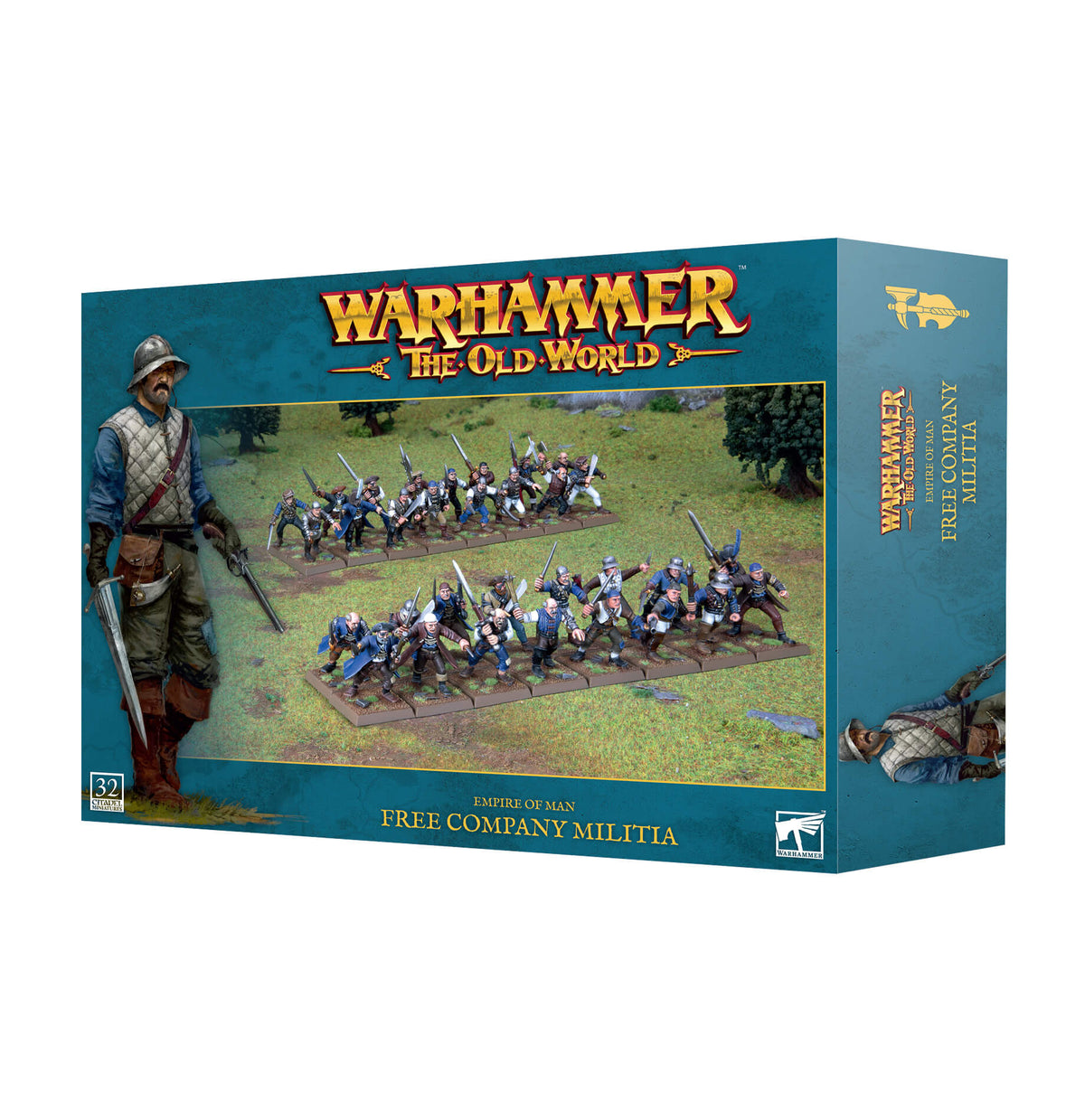 Boxed set of the Empire of Man Free Company Militia miniatures for the Warhammer: The Old World game, featuring a fantasy army assembly kit with various painted and unpainted miniatures.