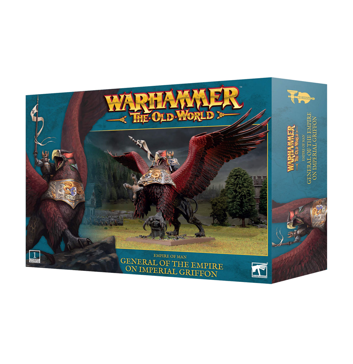 Boxed miniature game component featuring an Imperial Griffon from the Warhammer: The Old World game series. The box displays the miniature assembled with a sword, shield, and a red bird-like mount.