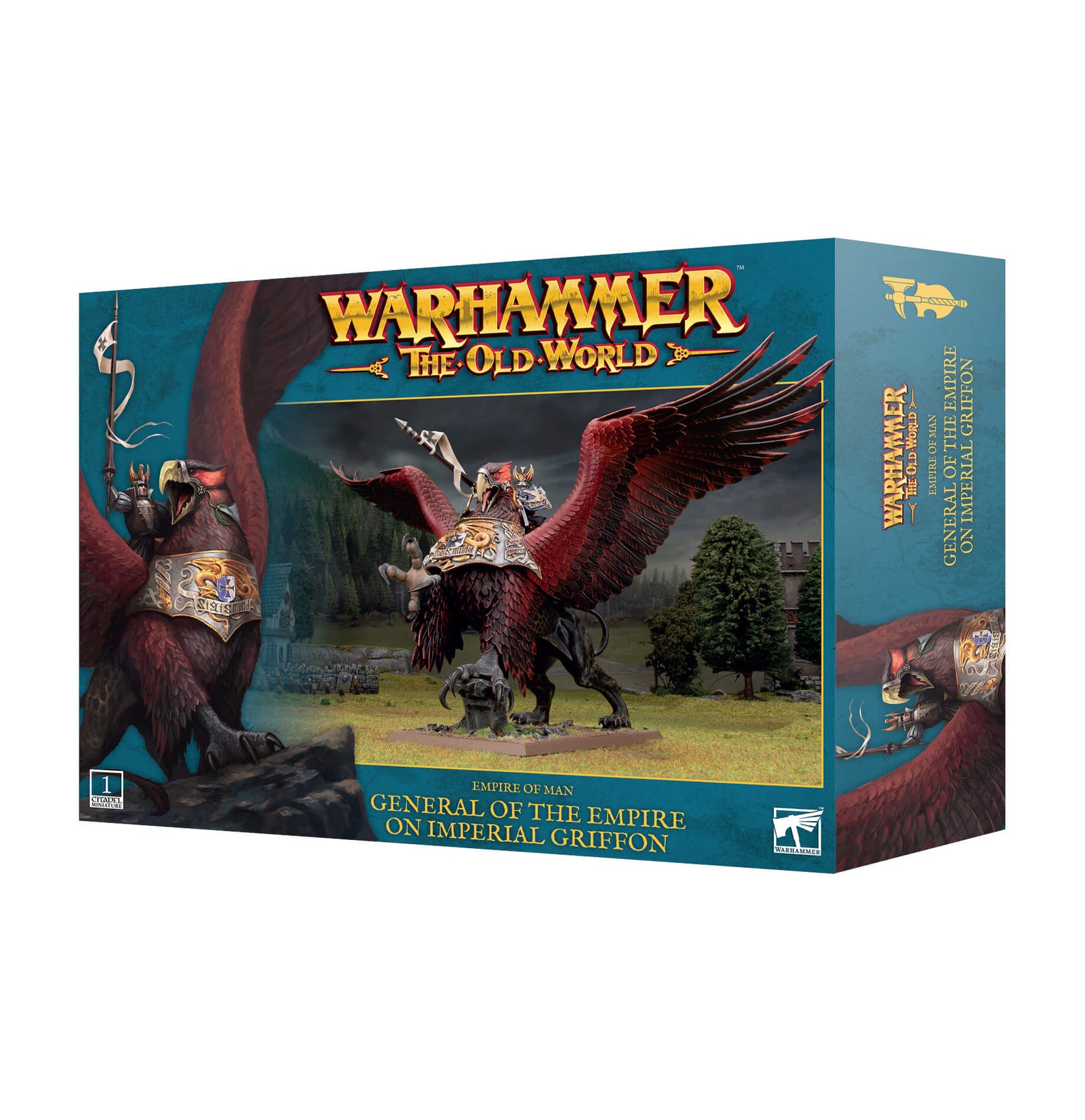 Boxed miniature game component featuring an Imperial Griffon from the Warhammer: The Old World game series. The box displays the miniature assembled with a sword, shield, and a red bird-like mount.