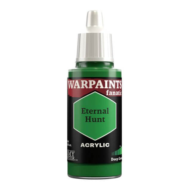 A bottle of Warpaints Fanatic Eternal Hunt acrylic paint, which is a deep green.