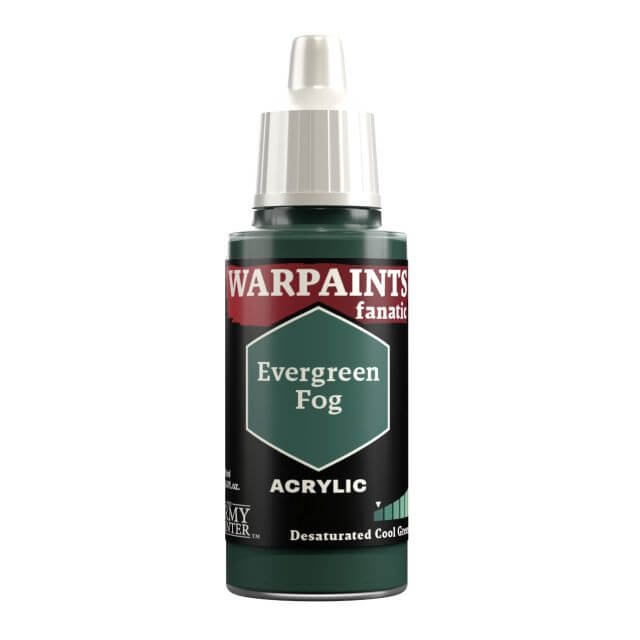 A bottle of Warpaints Fanatic Evergreen Fog acrylic paint.