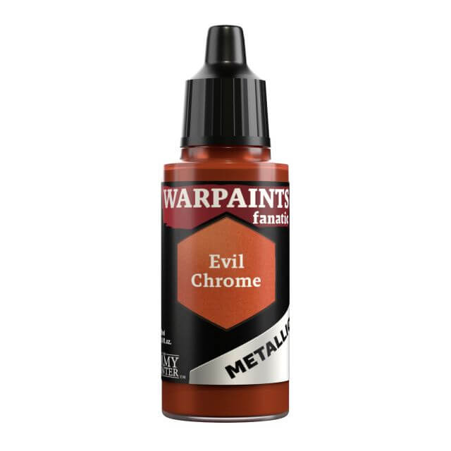 A bottle of Warpaints Fanatic Metallic paint in the shade Evil Chrome, with branding and product information on the label.
