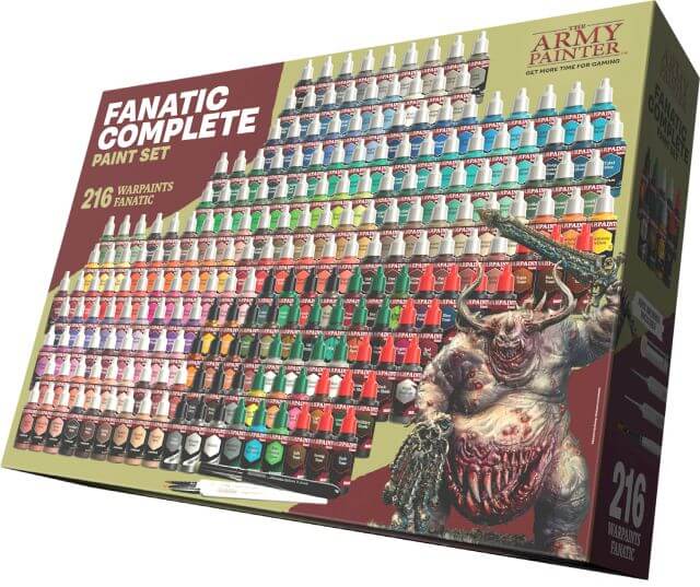 Boxed set of The Army Painter Warpaints Fanatic Complete Paint Set with a painting guide and 4 brushes, featuring 216 acrylic colours, 18 Skin Tones, 18 Metallic Paints, 18 Effect paints, and 18 Washes.