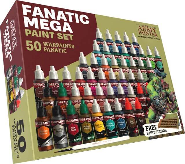 A box containing The Army Painter's Warpaints Fanatic Mega Paint Set with various colors of acrylic paint bottles arranged neatly inside.
