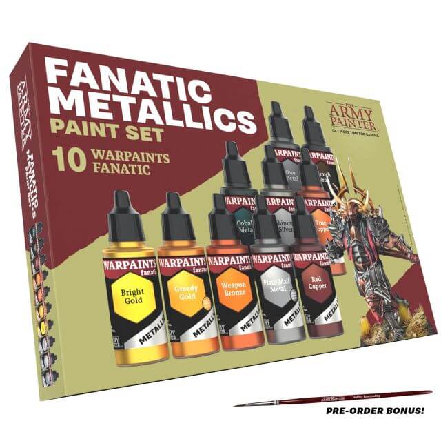 A boxed set of The Army Painter Warpaints Fanatic Metallics paint set, featuring 10 different metallic color paints in 18ml dropper bottles, with a preview of the colors and a painting guide on the cover.