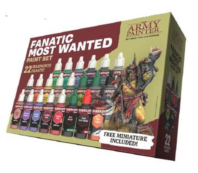 A product image showing the packaging of 'AP Warpaints Fanatic: Most Wanted Paint Set' by The Army Painter, featuring multiple paint bottles, a miniature figure, and a painting guide.