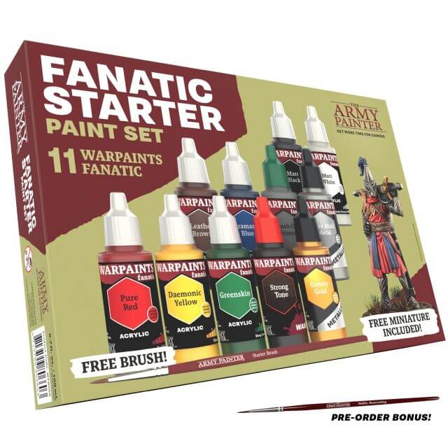 Packaging for The Army Painter's Warpaints Fanatic Starter Set, featuring various colors of acrylic paint bottles, a miniature figure, and brushes.