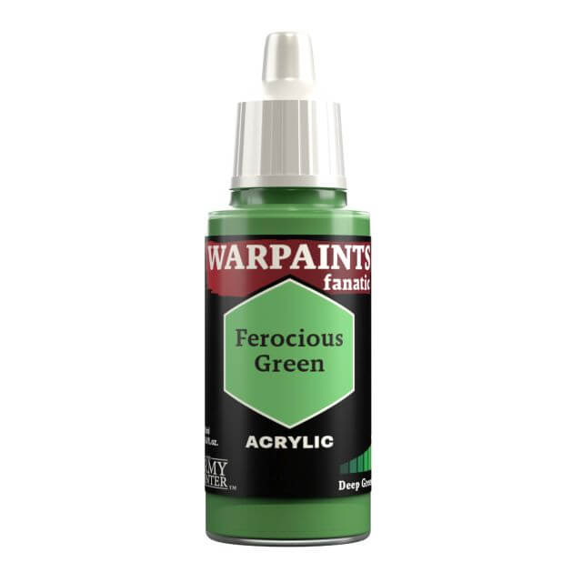A bottle of Warpaints Fanatic Ferocious Green acrylic paint.