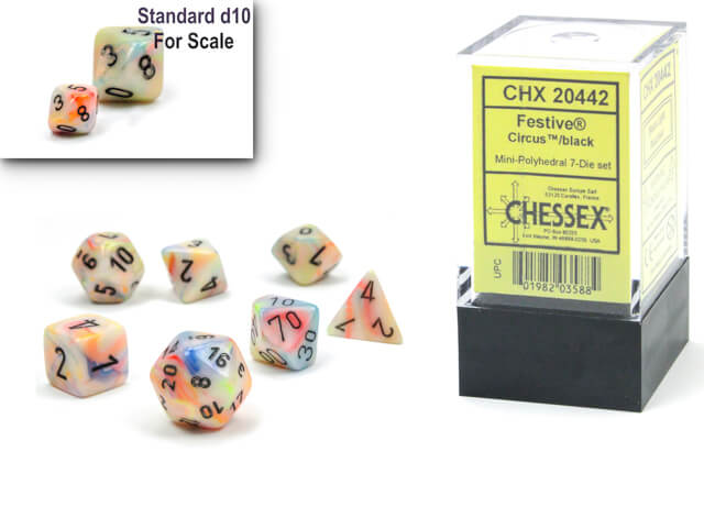 The Chessex Festive Circus with black mini polyhedral set and container on display on a white background, A size comparison with a standard size d10 is in the upper right hand corner.