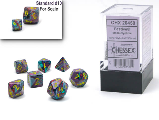 The Chessex Festive Mosaic with yellow mini polyhedral set and container on display on a white background, A size comparison with a standard size d10 is in the upper right hand corner.