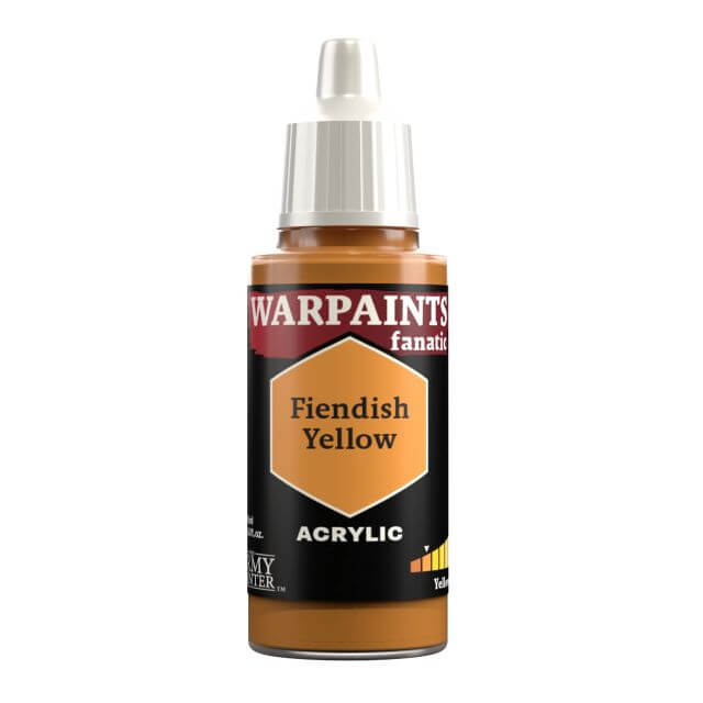 A bottle of Warpaints Fanatic: Fiendish Yellow acrylic paint.