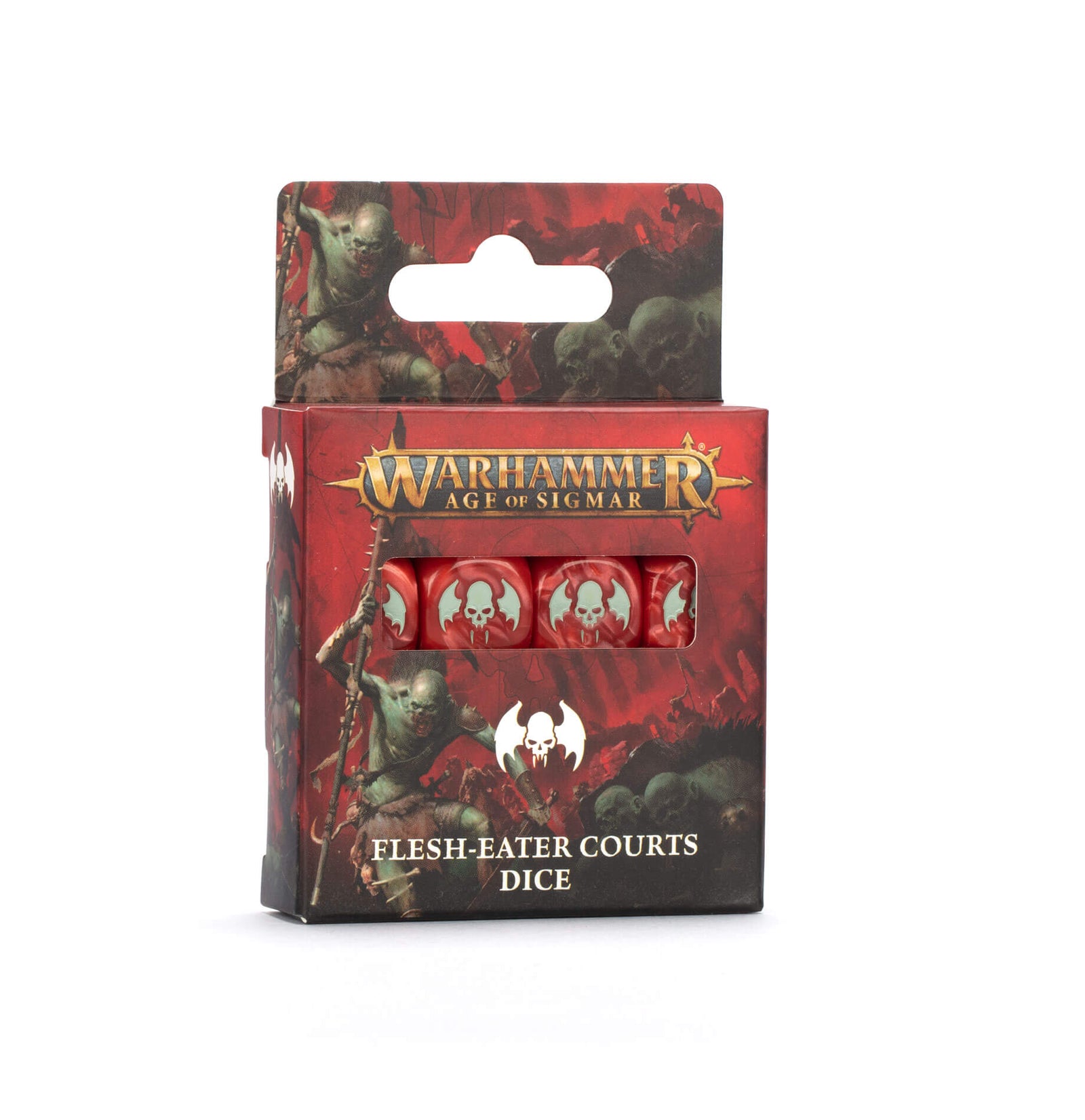 Packaged dice set for 'Warhammer Age of Sigmar' with red and black design.