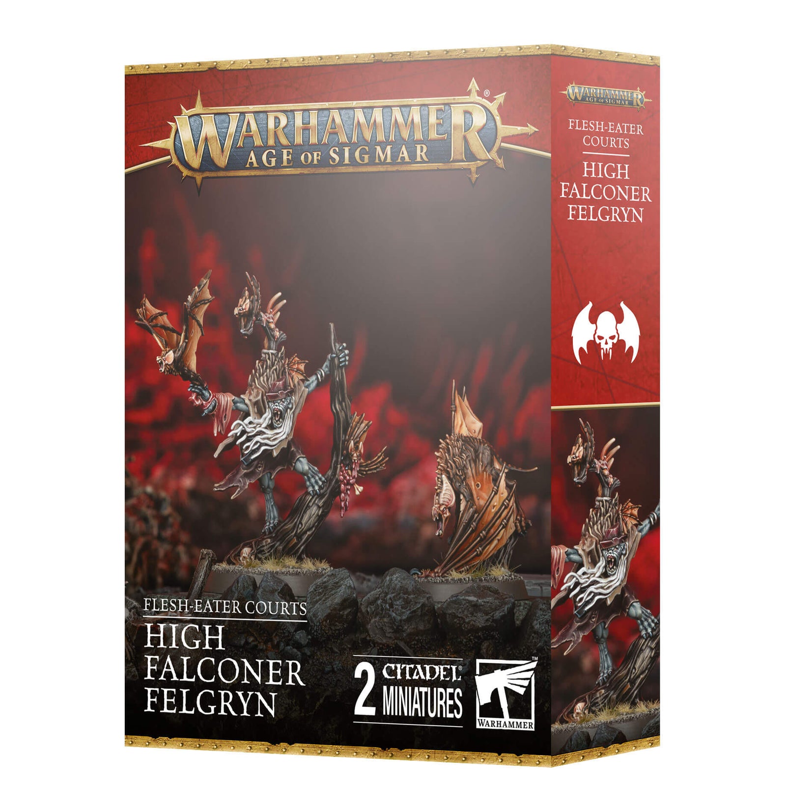 Warhammer Age of Sigmar game box with High Falconer Felgryn miniatures on a red background
