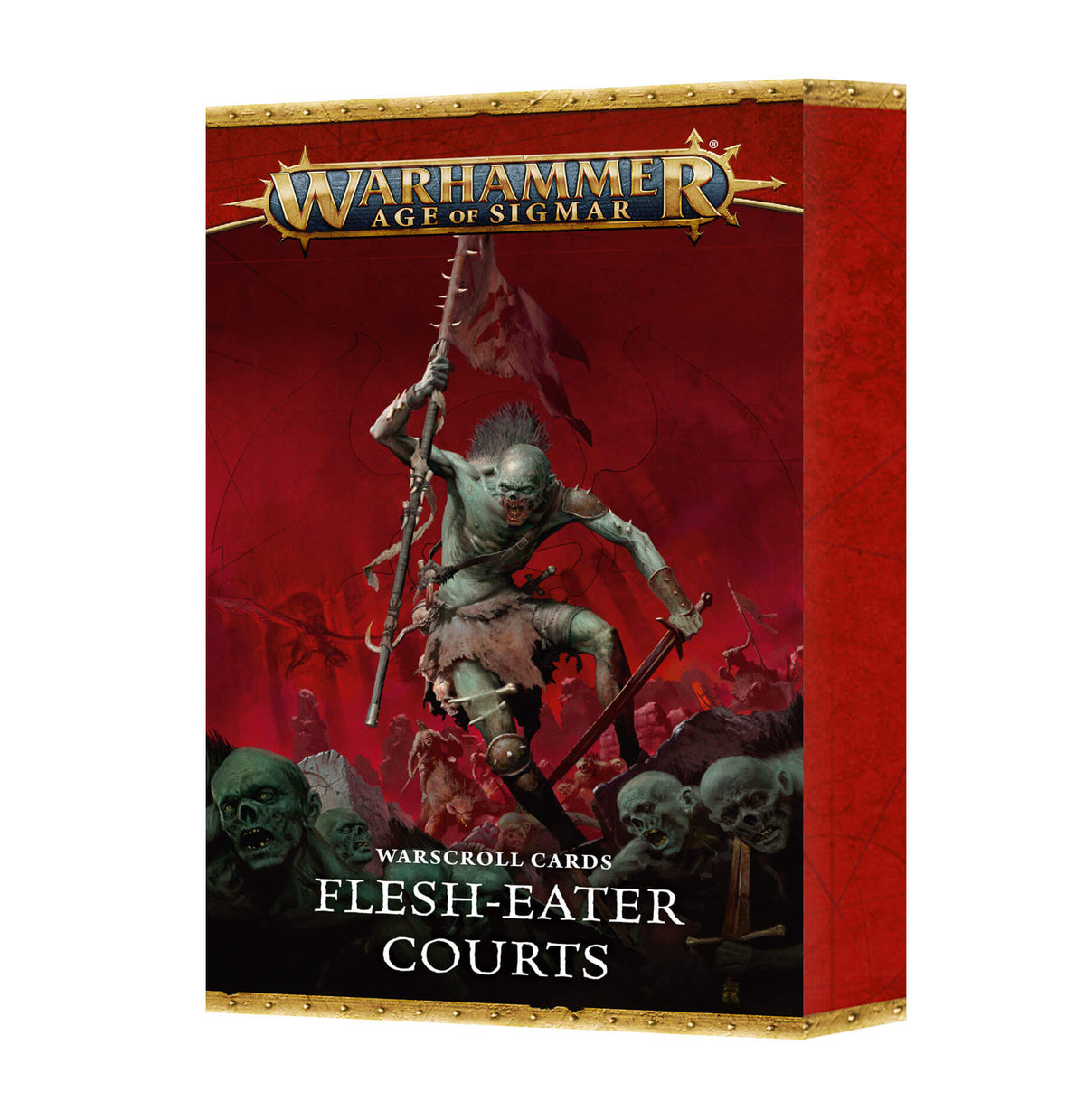 Warhammer Age of Sigmar game box with warrior illustration on red background
