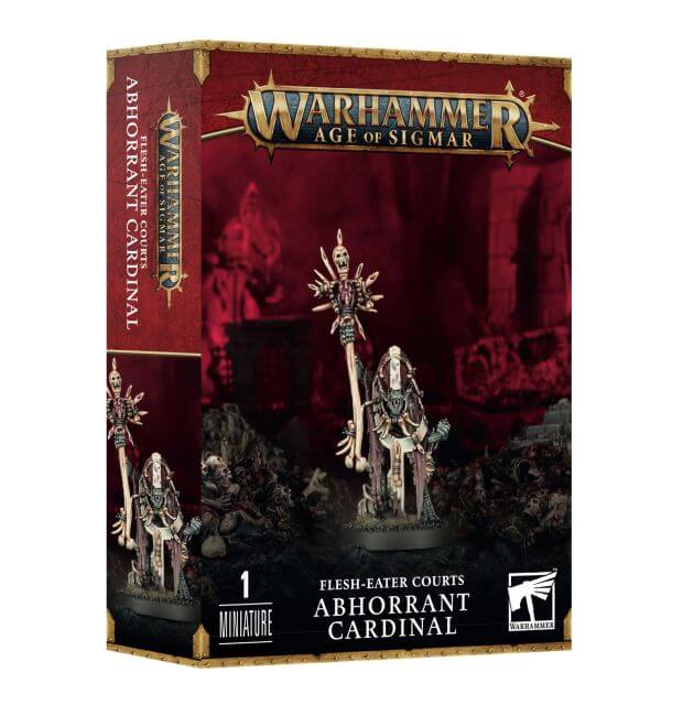 Product packaging for 'Flesh-Eater Courts Abhorrant Cardinal' featuring an illustration of a gothic-style priest miniature with a staff, set against a dark, dramatic background. The box is labeled with the 'Warhammer Age of Sigmar' game series branding.