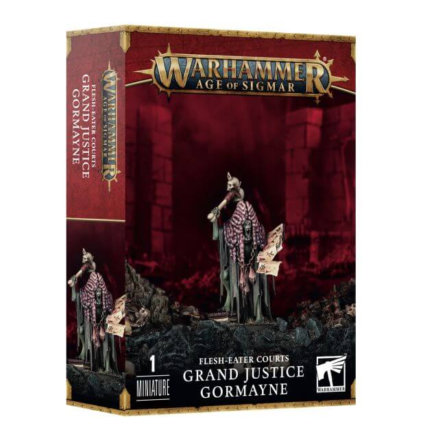 Product packaging for 'Flesh-Eater Courts Grand Justice Gormayne' featuring a miniature figurine dressed in black and purple robes with a bone gavel, set against a dark, vampiric themed backdrop.