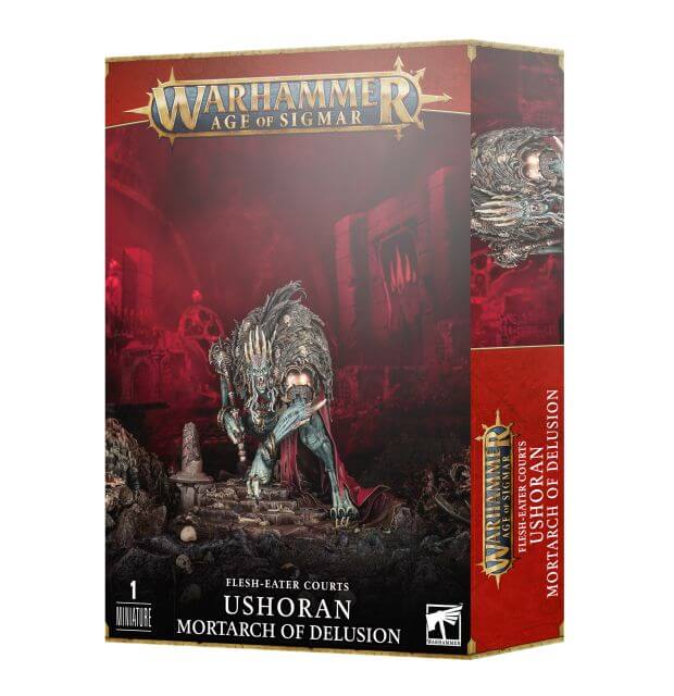 Product packaging for 'Flesh-Eater Courts Ushoran Mortarch of Delusion' featuring a miniature figure, with the Warhammer Age of Sigmar game box and artwork depicting a fantasy creature.