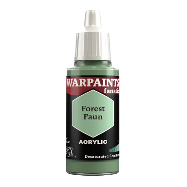 A bottle of Warpaints Fanatic acrylic paint in the color Forest Faun, which is a pale greyish green.