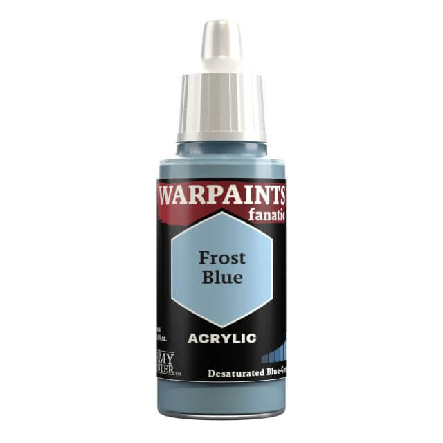 A bottle of Warpaints Fanatic acrylic paint in the color Frost Blue, with a label that includes the product name and the brand The Army Painter.