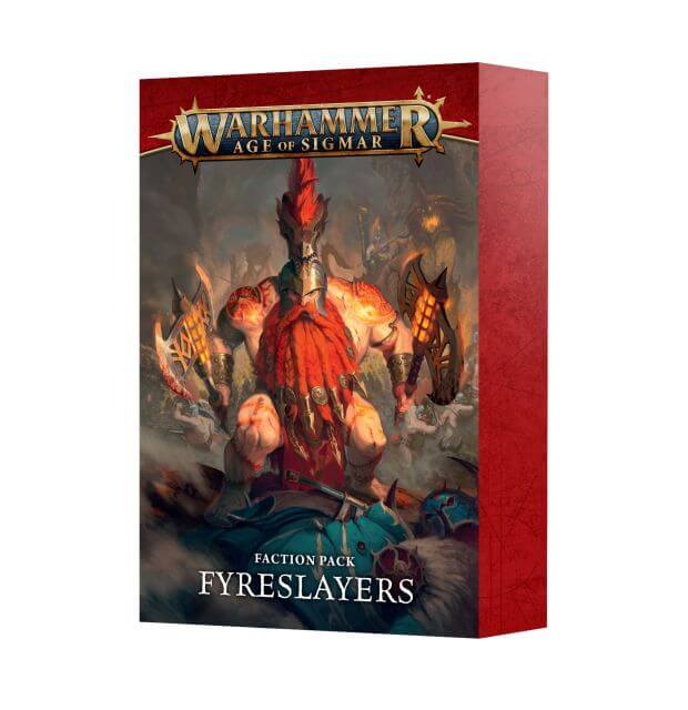 Packaging for Warhammer Age of Sigmar Fyreslayers Faction Pack, featuring illustrated cards with a fantasy creature and human warriors.