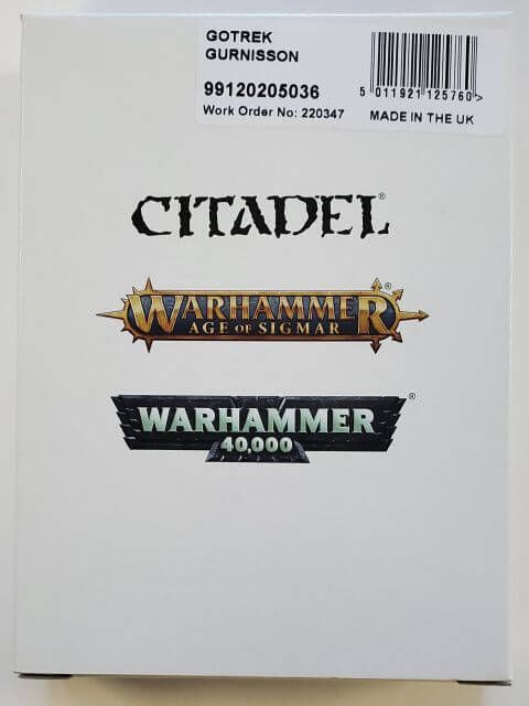 Packaging box for Citadel's Warhammer Age of Sigmar, featuring Gotrek Gurnisson, with product information and barcode visible.