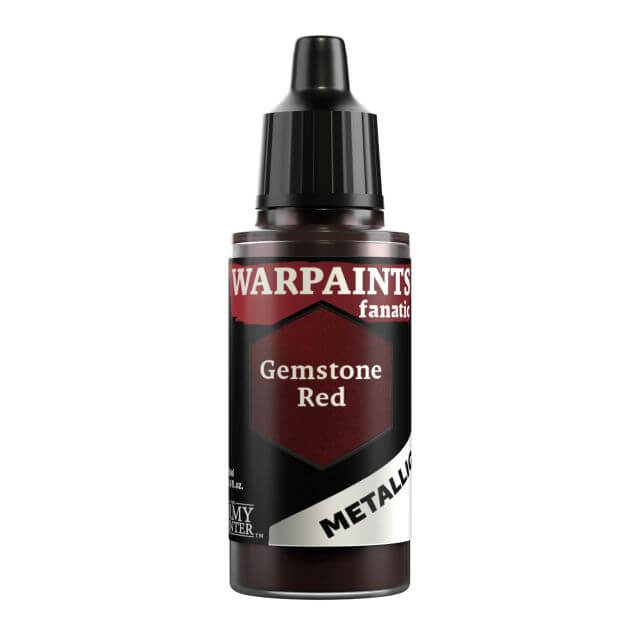 A bottle of Warpaints Fanatic Metallic Miniatures paint in the color Gemstone Red.