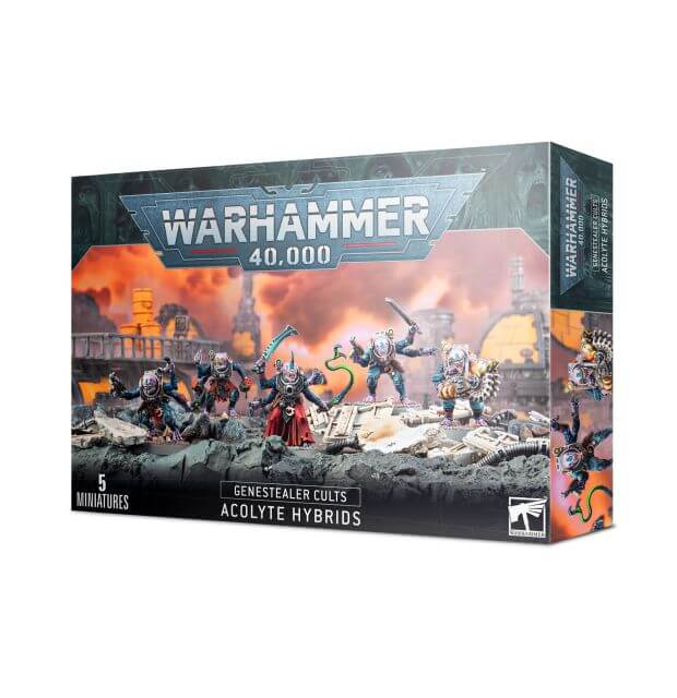 Product packaging for Warhammer 40,000 Genestealer Cults Acolyte Hybrids, featuring illustrations of the characters in action poses against a dramatic backdrop.