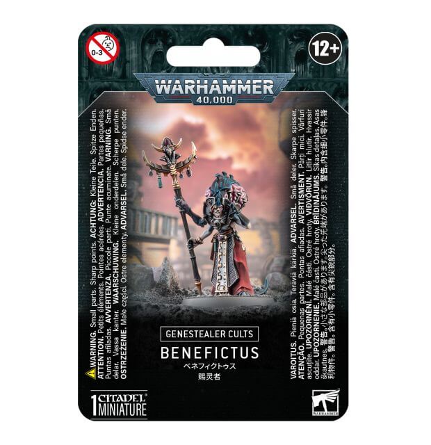 Packaging for Genestealer Cults Benefictus miniature from Warhammer 40,000, featuring the miniature itself holding a staff with a skull on top, against a backdrop of a city on fire.
