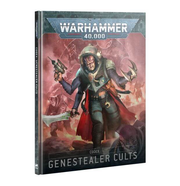 Cover of the Genestealer Cults Codex 10th Edition featuring an illustrated character from the Warhammer 40,000 series, with a red and purple backdrop.