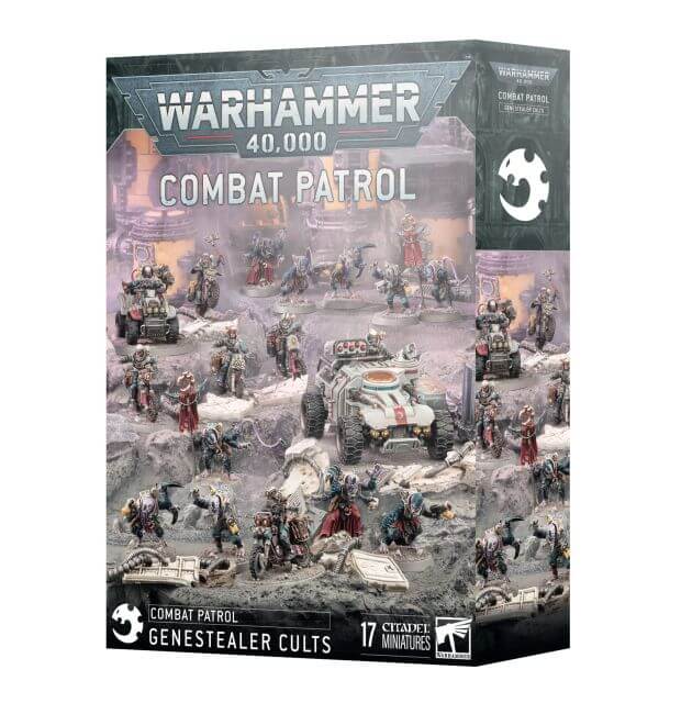 Product packaging for 'Genestealer Cults Combat Patrol 2024' featuring miniature figures and vehicles from the Warhammer 40,000 series.
