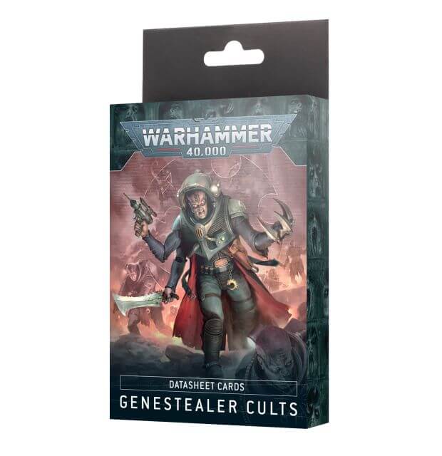Packaging for Genestealer Cults Datasheet Cards featuring a character illustration and the Warhammer 40,000 logo.