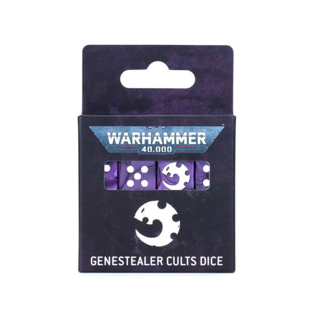 Packaging of Genestealer Cults themed dice for Warhammer 40,000, displaying three dice with pearlescent purple color and white markings.