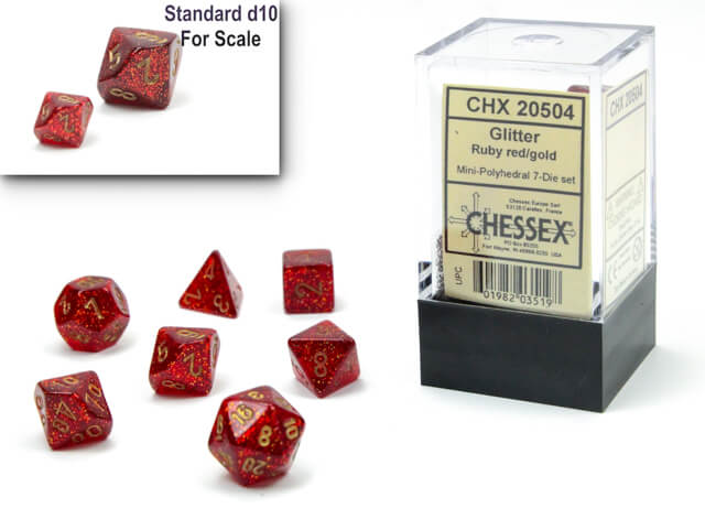 The Chessex Glitter Ruby red with gold mini polyhedral set and container on display on a white background, A size comparsion with a standard size d10 is in the upper right hand corner.