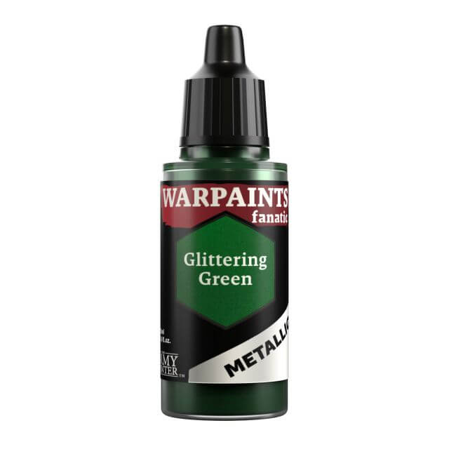 A bottle of Warpaints Fanatic Metallic craft paint in the color Glittering Green.