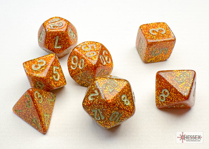 A close of the Chessex  Glitter Gold mini dice set.