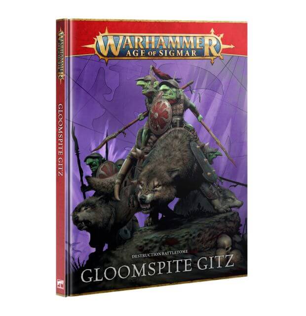 Cover of the 'Gloomspite Gitz Battletome 4th Edition' book, featuring artwork of the Gloomspite Gitz characters on a purple background.