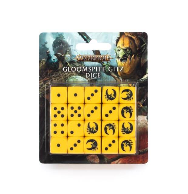 A set of yellow dice with black Gloomspite Gitz faction icons, packaged in a card with Warhammer Age of Sigmar branding and artwork.