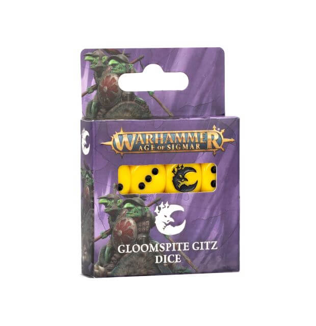 Packaging for Gloomspite Gitz dice set, featuring Warhammer Age of Sigmar branding and themed artwork with yellow dice visible through a clear panel.