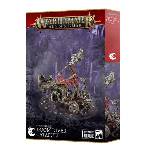 Packaging for Warhammer Age of Sigmar's Gloomspite Gitz Doom Diver Catapult, featuring the assembled and painted miniature on the box art.