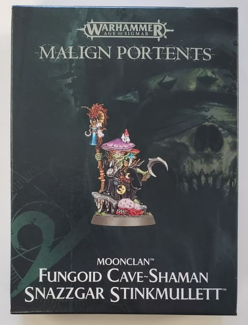 A Warhammer model kit cover featuring a fantasy character, the Moonclan Fungoid Cave-Shaman Snazzgar Stinkmullett, with a dark and moody background.