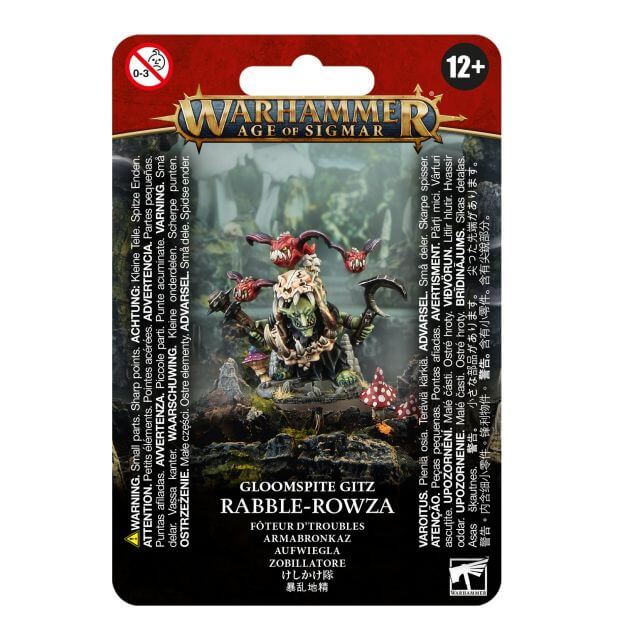 Packaging for Gloomspite Gitz Rabble-Rowza miniature, featuring the character with squig-skull armour and a moon-sickle, accompanied by small mushroom-stuffed bat squigs. The packaging is labeled with the Warhammer Age of Sigmar game details and indicates a recommended age of 12+.