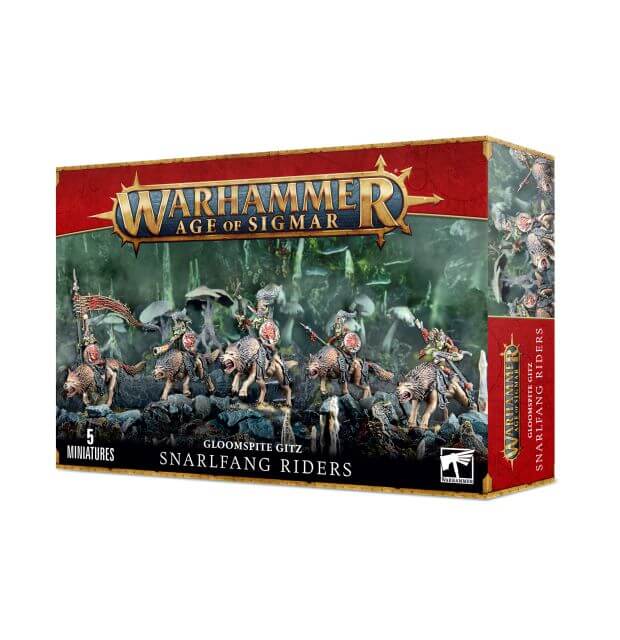 Box cover for Warhammer Age of Sigmar Gloomspite Gitz Snarlfang Riders miniature kit, featuring illustrations of the characters and their mounts.