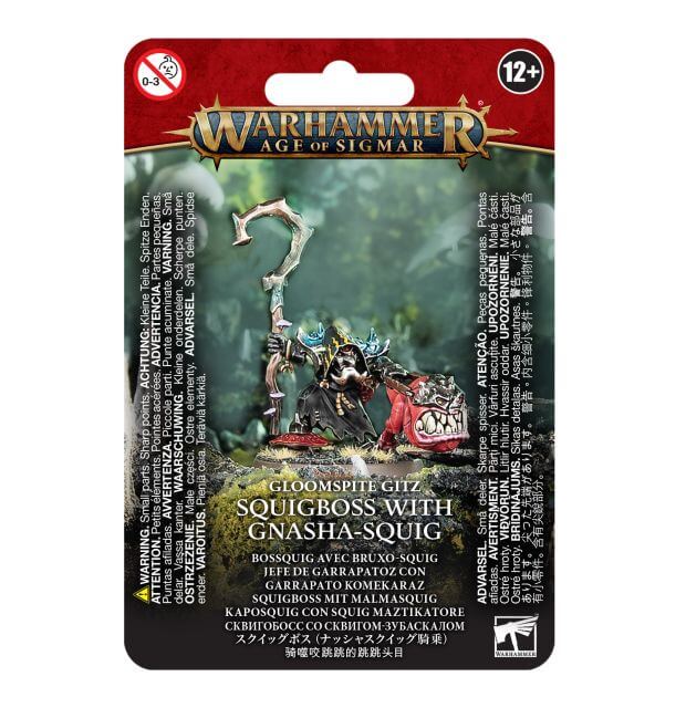 Packaging for Warhammer Age of Sigmar miniature featuring Gloomspite Gitz Squigboss with Gnasha-squig. The miniature is depicted with a squig-krook and armoured face-plate, accompanied by a smaller creature.